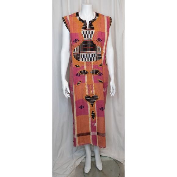 VINTAGE '70s Hand Woven Embroidered Pink & Orange Kaftan Tunic Dress ONE SIZE - Picture 2 of 16